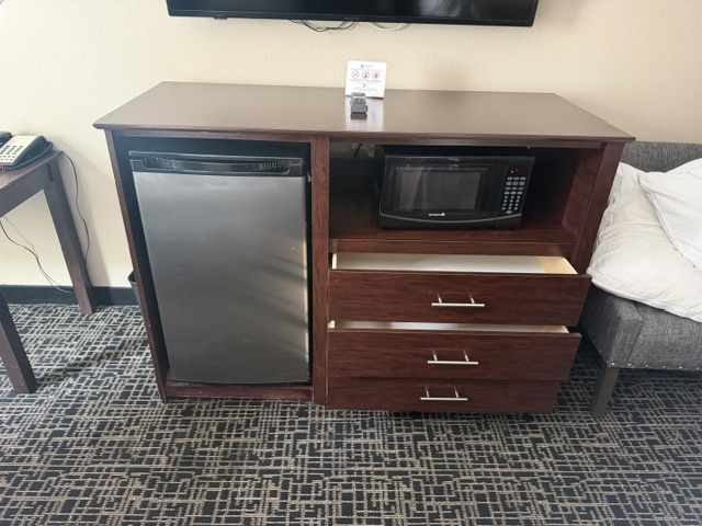 Motel room micro-fridge cabinet with drawers